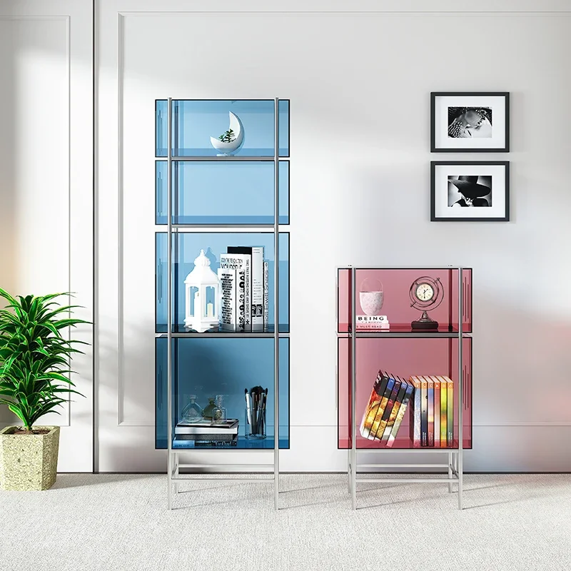 Floor Storage Living Room Display Cabinet Stainless Steel Multi-layer Small Bookcase Display Shelf Acrylic Bookshelf