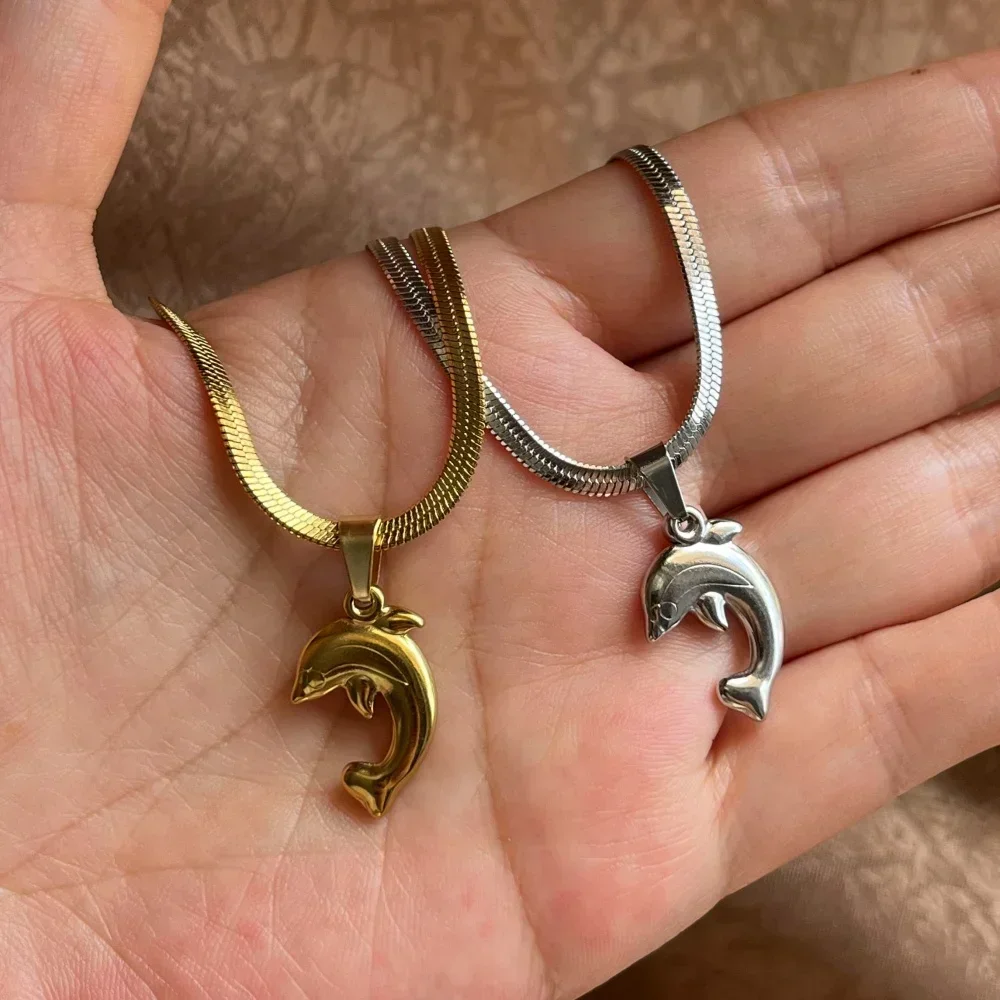 Cute Dolphin Pendant Gold/Silver Color Stainless Steel Peace Animal Charm Anime Necklace Women Men Jewelry