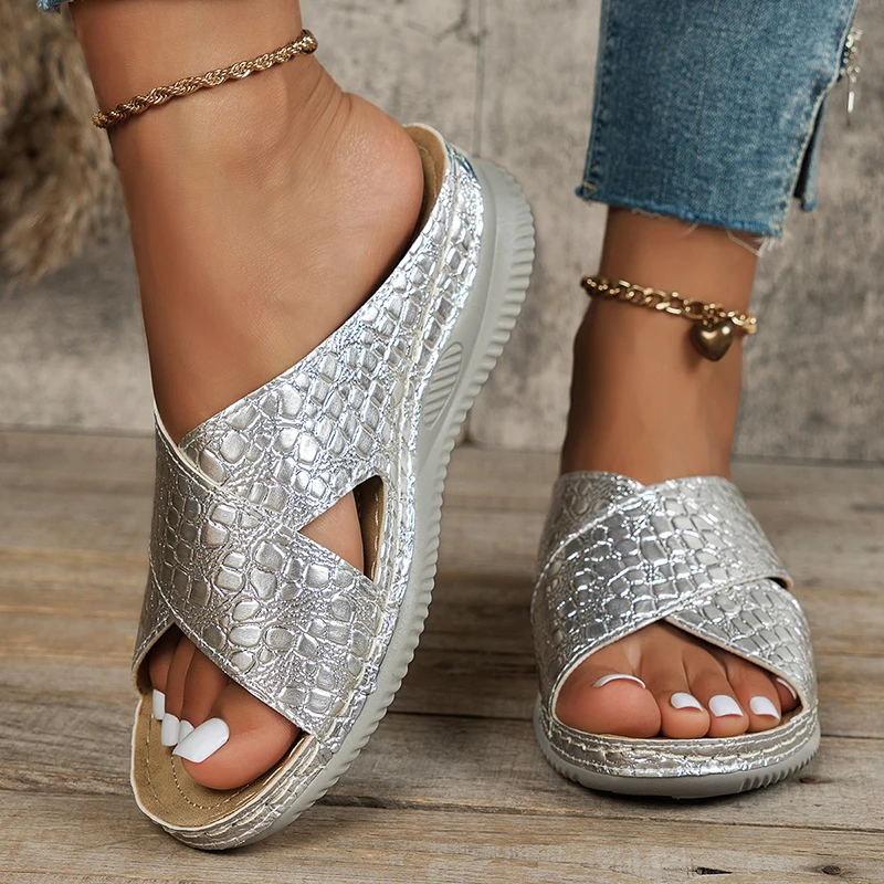 Gold Silver Wedge Slippers for Women 2024 Summer Cross Strap Platform Sandals Woman PU Leather Non Slip Beach Slides Plus Size