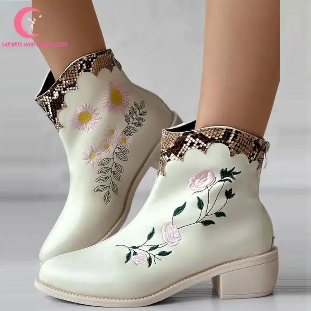 Daisy Floral Embroidery Chunky Heels Women Ankle Boots Platform Gladiator Snakeskin Pattern Shoes Women Stylish Rose Comfy Boots