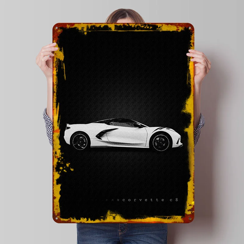 Sports Car Corvette C8 Metal Poster Customized Wall Art Retro Vintage Tinplate Signs for Home Decor Living Room Wand Deko House
