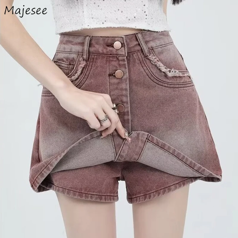 

Shorts Women Denim A-line Button Design Loose Fit Trendy Popular High Waist Vintage Summer All-match Streetwear College Sexy