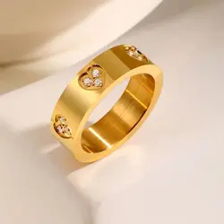 Vnox Stainless Steel Classical Rings For Women Men,Heart Carve Three Zircon Inlay Stackable Rings,Charm Jewelry Love Statement