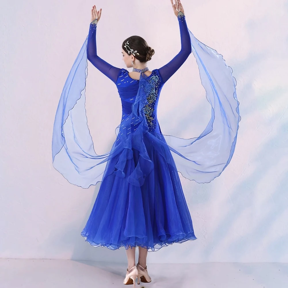 Women's Ballroom Dresses Red Ballroom Dress Waltz Long Sleeve Ribbon Stage Performance Costume Rhinestone Dance Wear Royal Blue