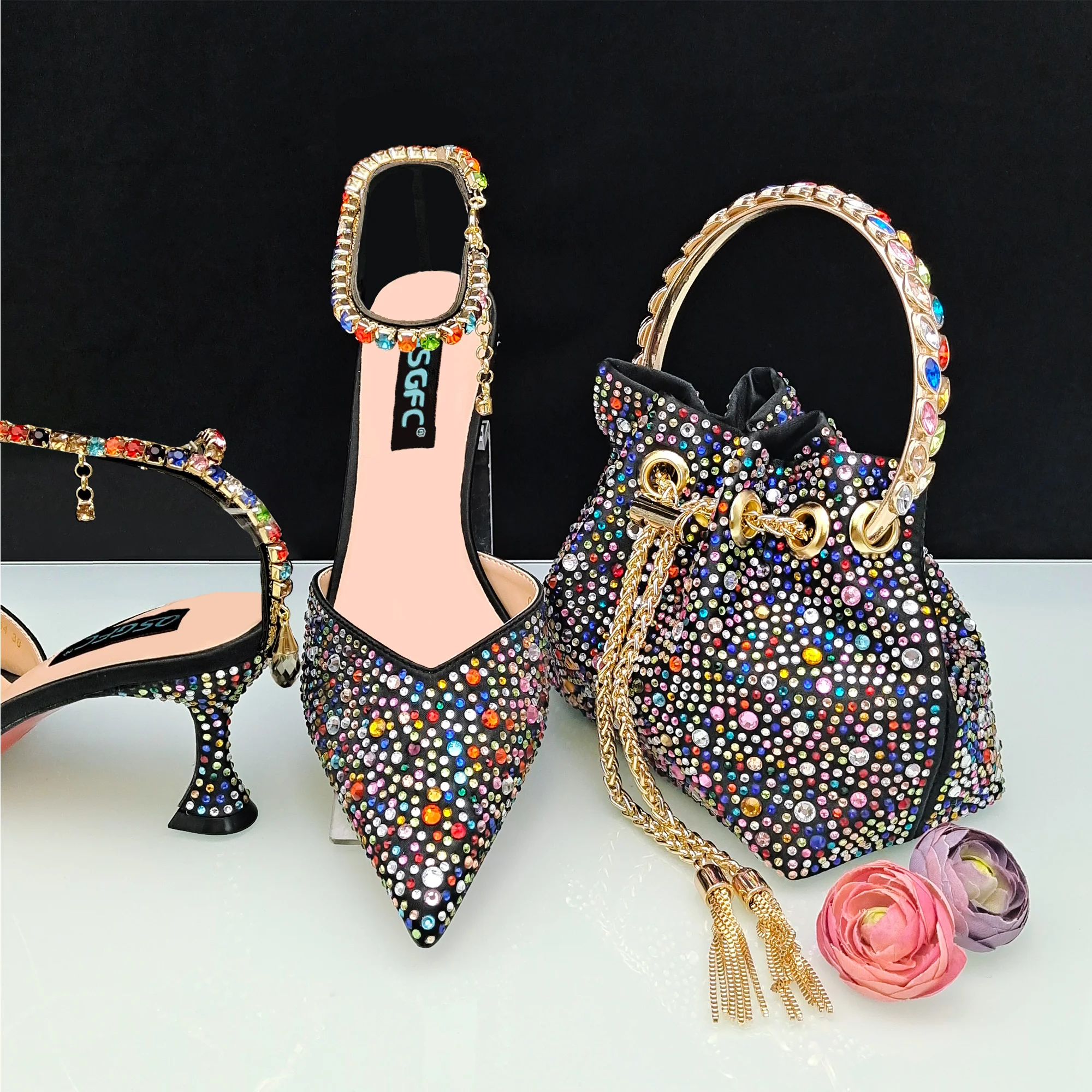 New Colorful Rhinestone Decoration Crystal Pendant Decoration Black Color Sexy Party Ladies Shoes and Handbag