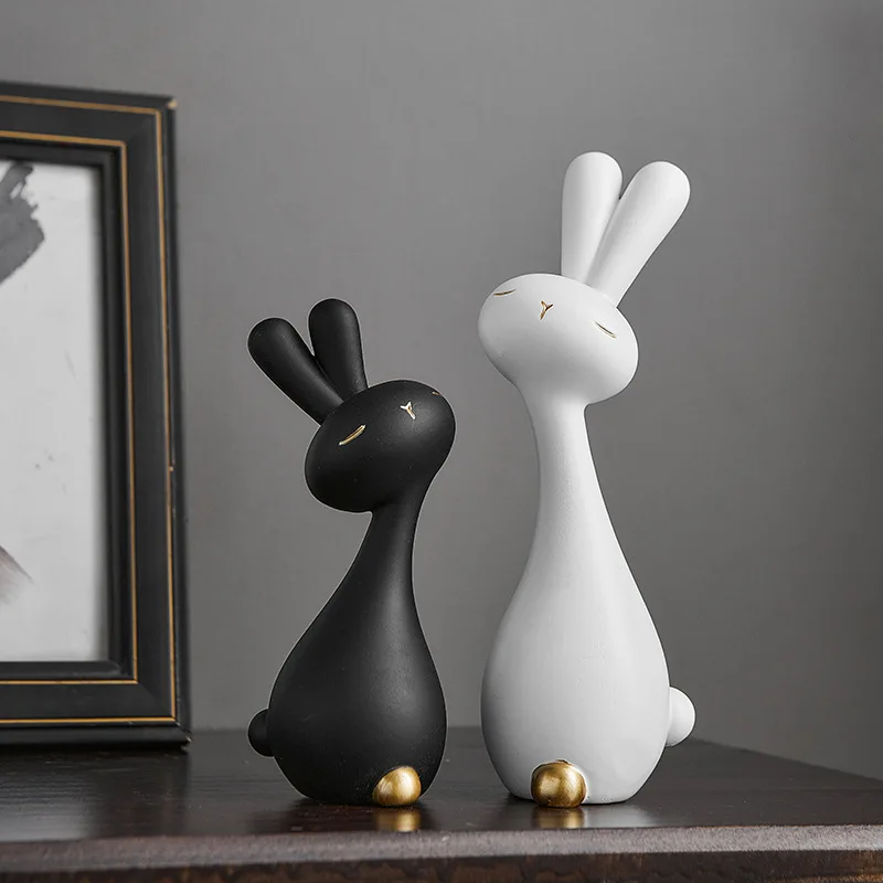 2 Pack Rabbit Decorative Statues, Modern Rabbit Desktop Figurines Home Decor with Black and White Rabbit Statues and Figurines