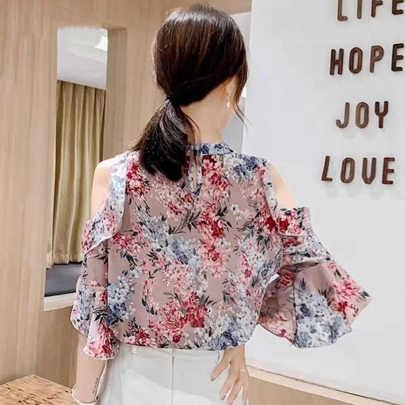 Fashion Off Shoulder Printed Butterfly Sleeve Oversized Chiffon Blouse Loose Summer Women\'s Clothing Shirt Casual Pullovers