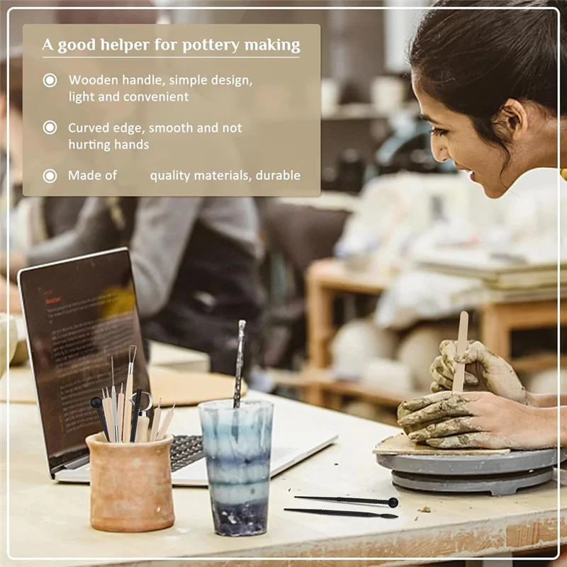 ABKD 17 Pcs Pottery & Clay Sculpting Tools, Double-Sided, Ceramics Tools Smooth Wooden Handles For Trimming,Embossing Pattern