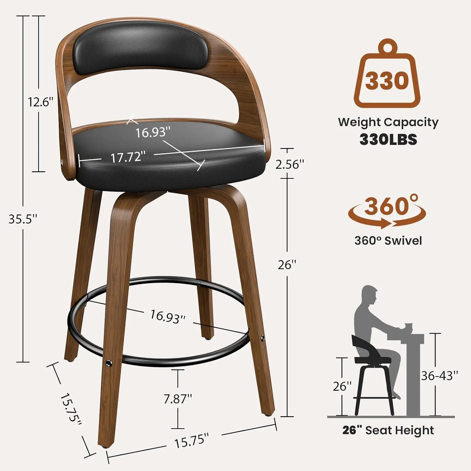 เก้าอี้บาร์ชุด 6, 26 "ความสูงเคาน์เตอร์Bentwood Barstool,Mid-Century Modern PUหนังหุ้มเก้าอี้บาร์ด้านหลัง