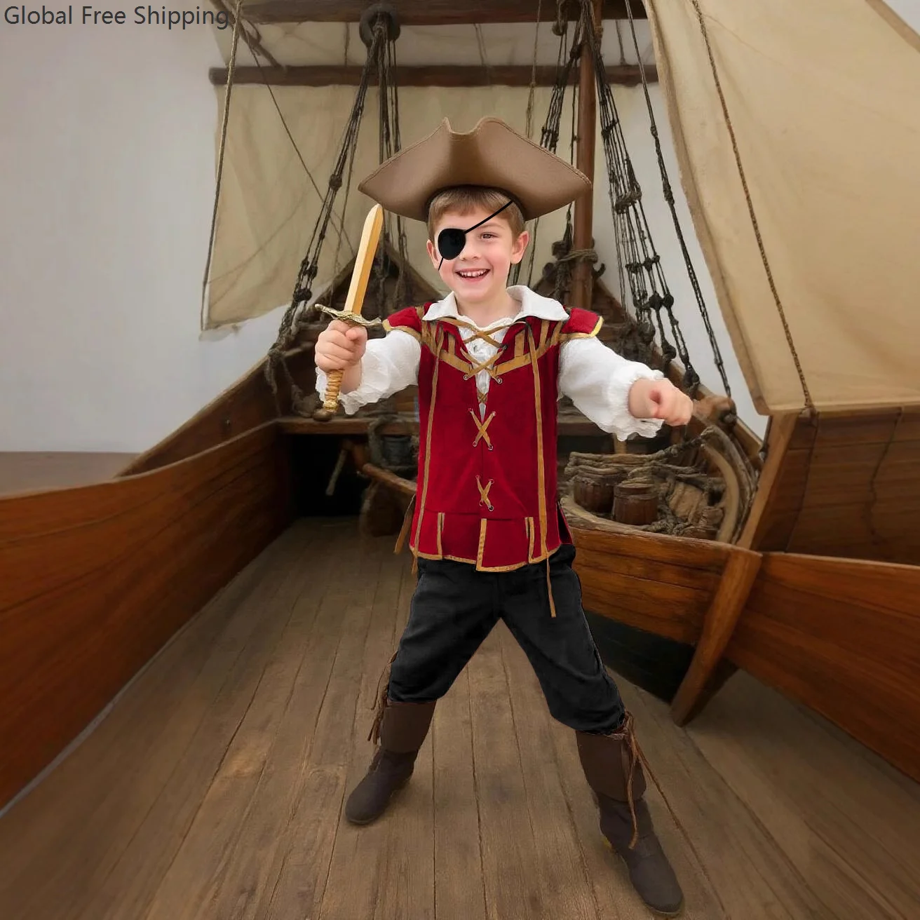 Halloween Mittelalter Rollenspiel Piratenanzug Hemd Kurze Hose Kinder Renaissance Schnürweste Piraten Bühnenkostüm