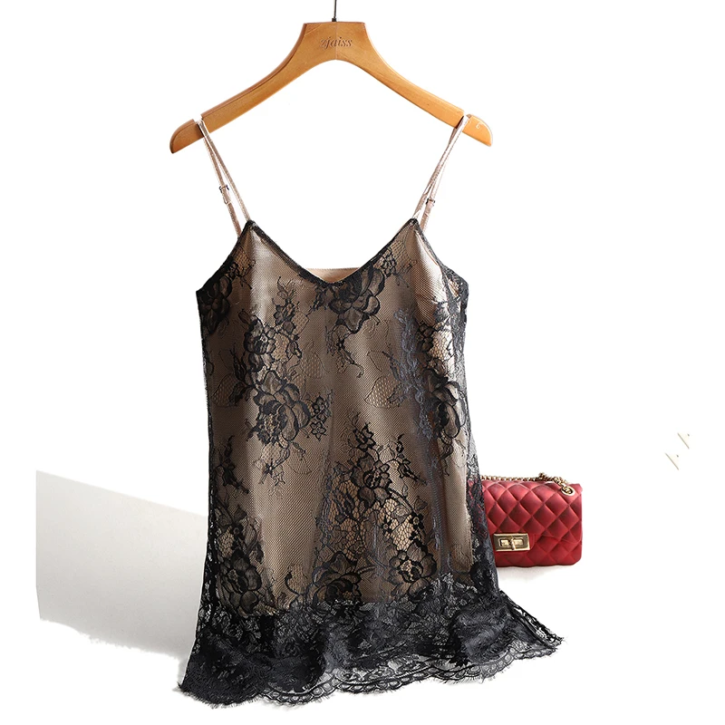 Sexy Lace Spaghetti Strap Top Women Halter V Neck Basic Cami Sleeveless Satin Silk Tank Tops Summer Camisole