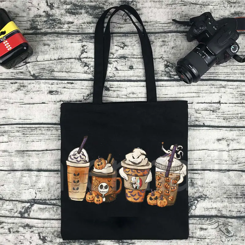 Halloween Pumpkin Latte Drink Cup Print Canvas Tote Shopping Bag Cute Coffee Lover Shopper Pumpkin SpiceThanksgiving Gift Bolsas