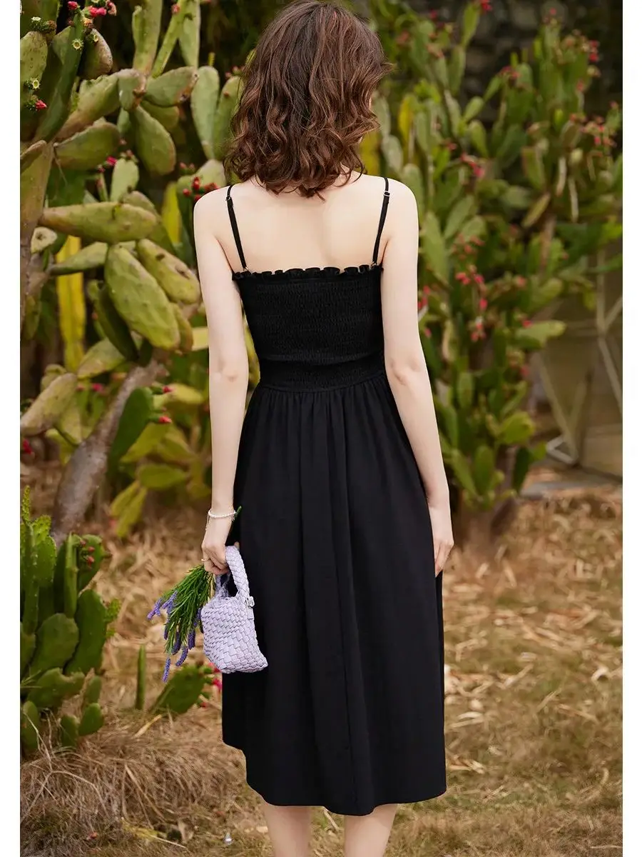 LOUIS YAO Women Slip Dress Holiday Style 2024 Summer Pleated Dress A-LINE Slim Fit Casual Black Long Dress