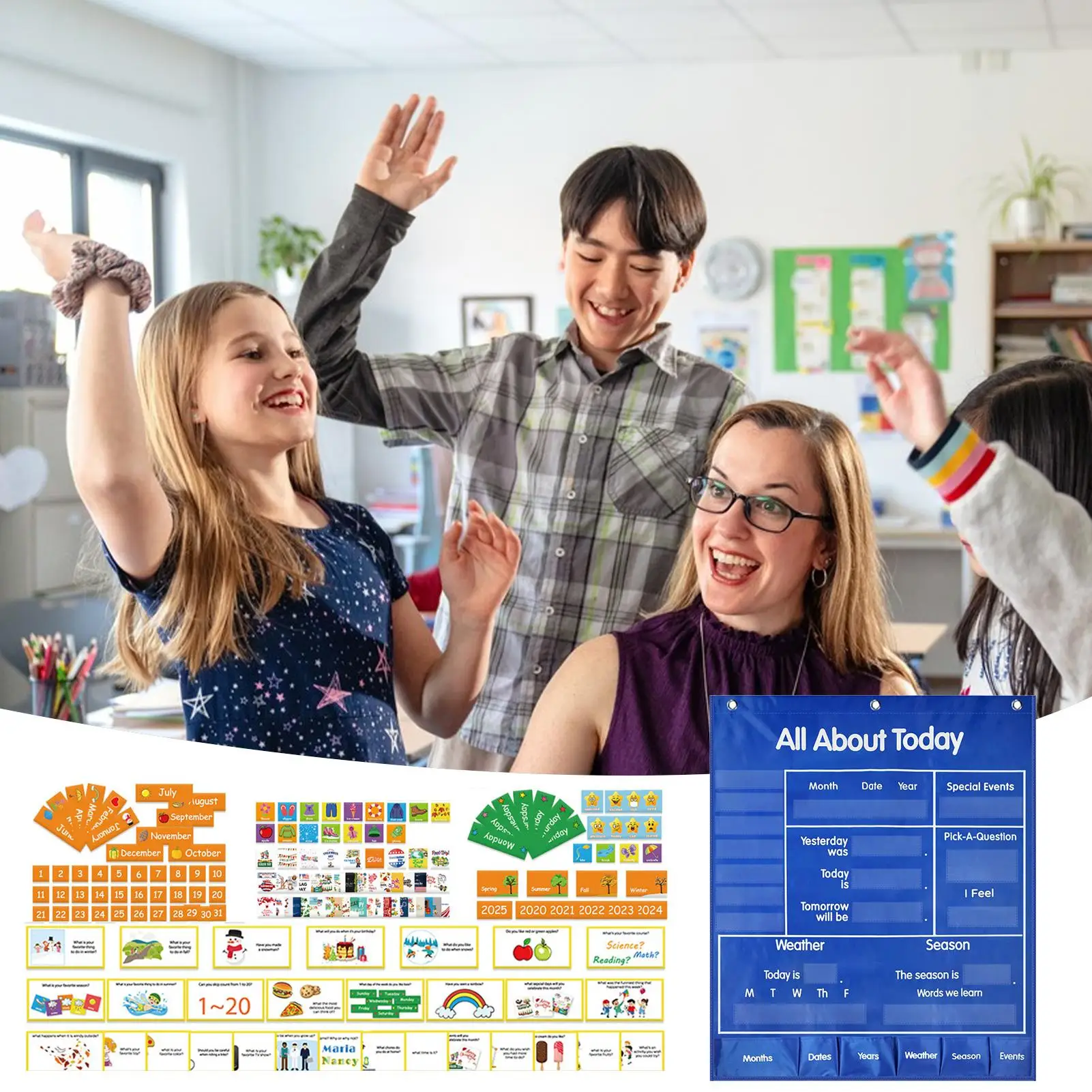 Gráfico de bolso para sala de aula, calendário grande, gráfico de bolso, jogos educativos, atividades de aprendizagem pré-escolar para crianças