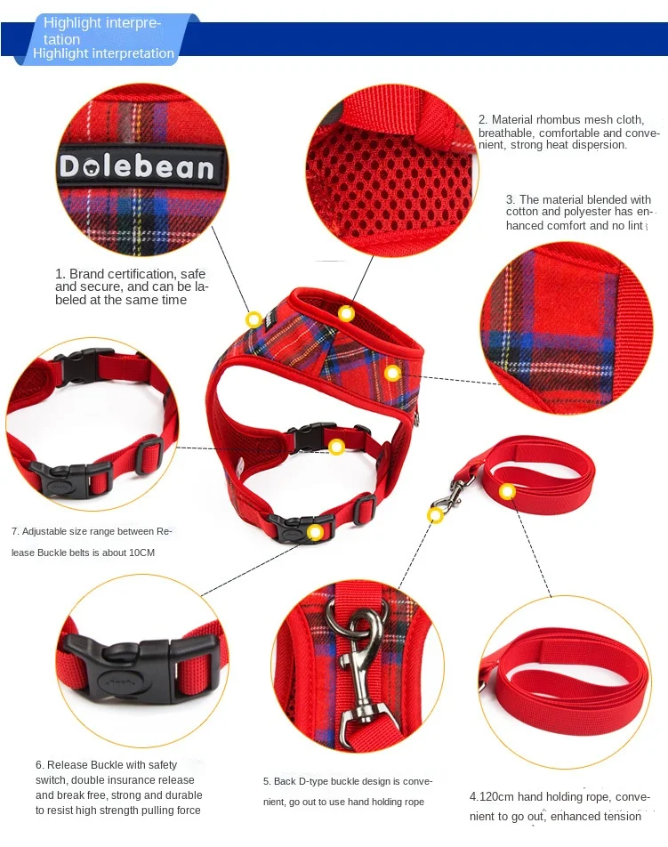 New Pet Dog Harness and Leash Set Dog Traction Rope Plaid Chest Strap Small and Medium-sized Dog Chain Chihuahua Accesorios