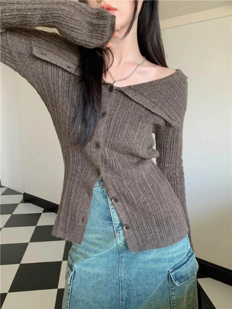 Y2k Aesthetic Slash Neck Long Sleeve Cardigan Women Korean Fashion Off Shoulder Knitted Sweater Casual Slim Sexy Kintwear Tops