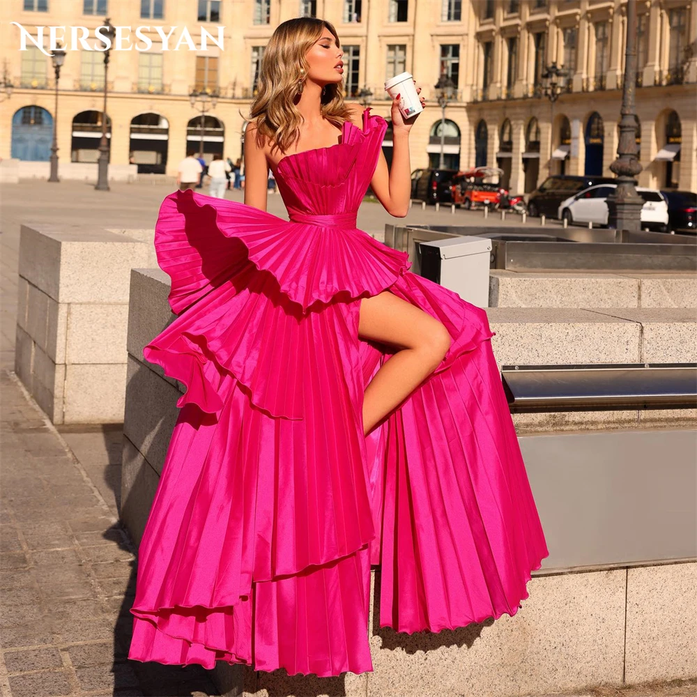 

Nersesyan Deep Pink Pleats Formal Evening Dresses Off Shoulder A-Line Tiered Ruffles Prom Dress Pageant Celebrity Party Gowns