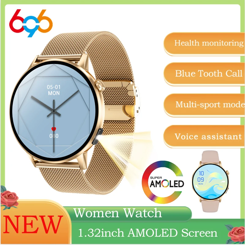 

2025 Women 1.32" AMOLED Screen Blue Tooth Call Smart Watch Heart Rate Health Waterproof Flashlight Voice Assistant Smartwatch