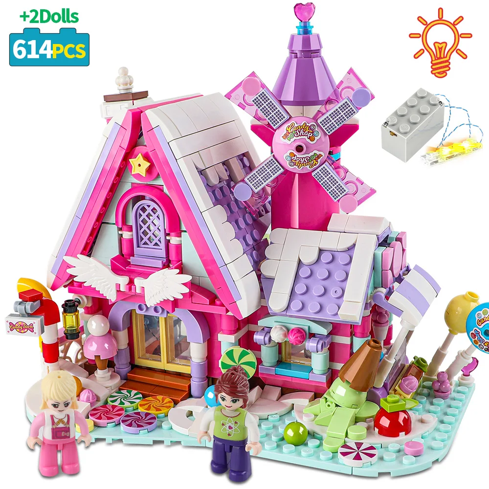 Stadt Windmühle Traum Candy Haus Bausteine Sonnenschein Garten Street View Serie Freunde LED Beleuchtung Rosa Farbe DIY Spielzeug Kinder