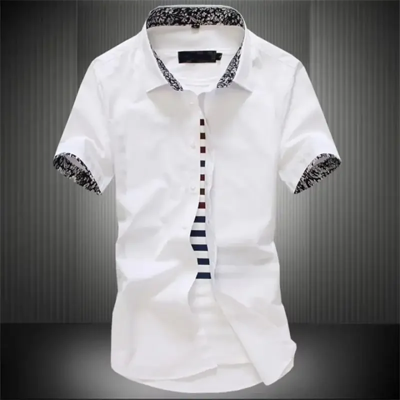 Men\'s Summer 2024 Solid Color Business Professional Dress Shirt Floral Cuffs Basic Short Sleeves Black And White Optional