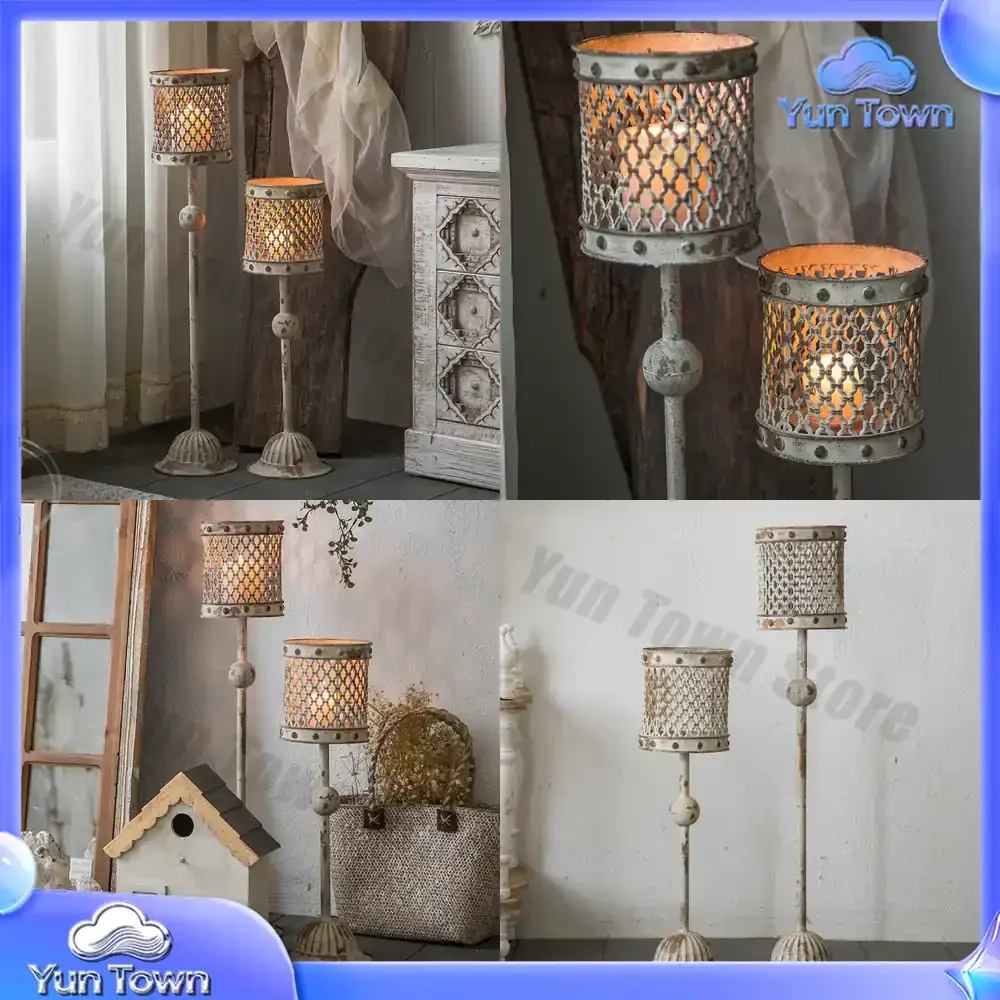 Rustic Vintage Floor Candle Holder for Photo Studio Decor Iron Hollow Design Antique Style Home Decoration for US Market