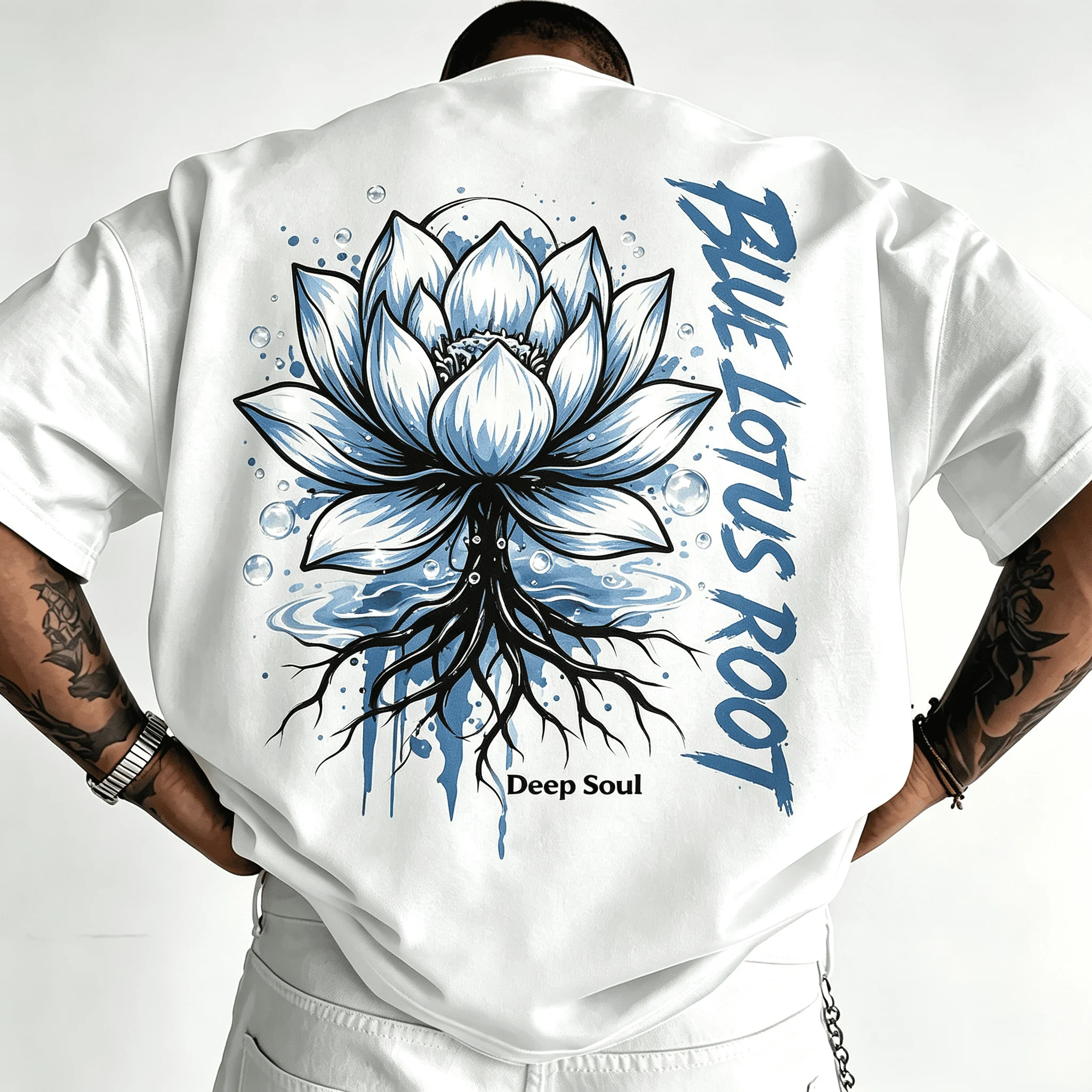 Unisex Oversized White T-Shirt Blue Lotus Root Water Bubble Graphic Back Print Gothic Streetwear Short Sleeve Tee For Men Women