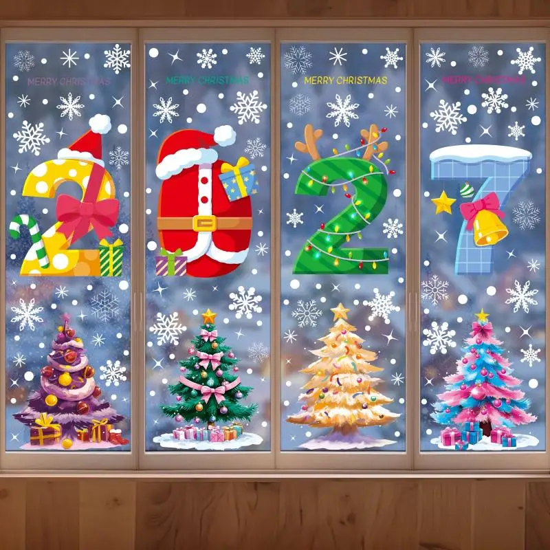 (4/5 Sheets Snowman Reindeer Santa Claus Christmas Tree Static Cling Decals 2027 Merry Christmas Decor Window Stickers For Home