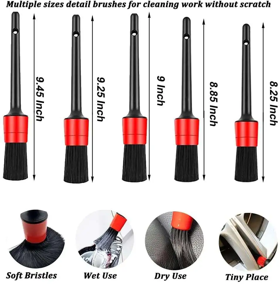 Multifunctional Detail Cleaning Brush Set PP Handle Premium Natural Boar Hair Car Detailing Brush Interior Exterior Accessories