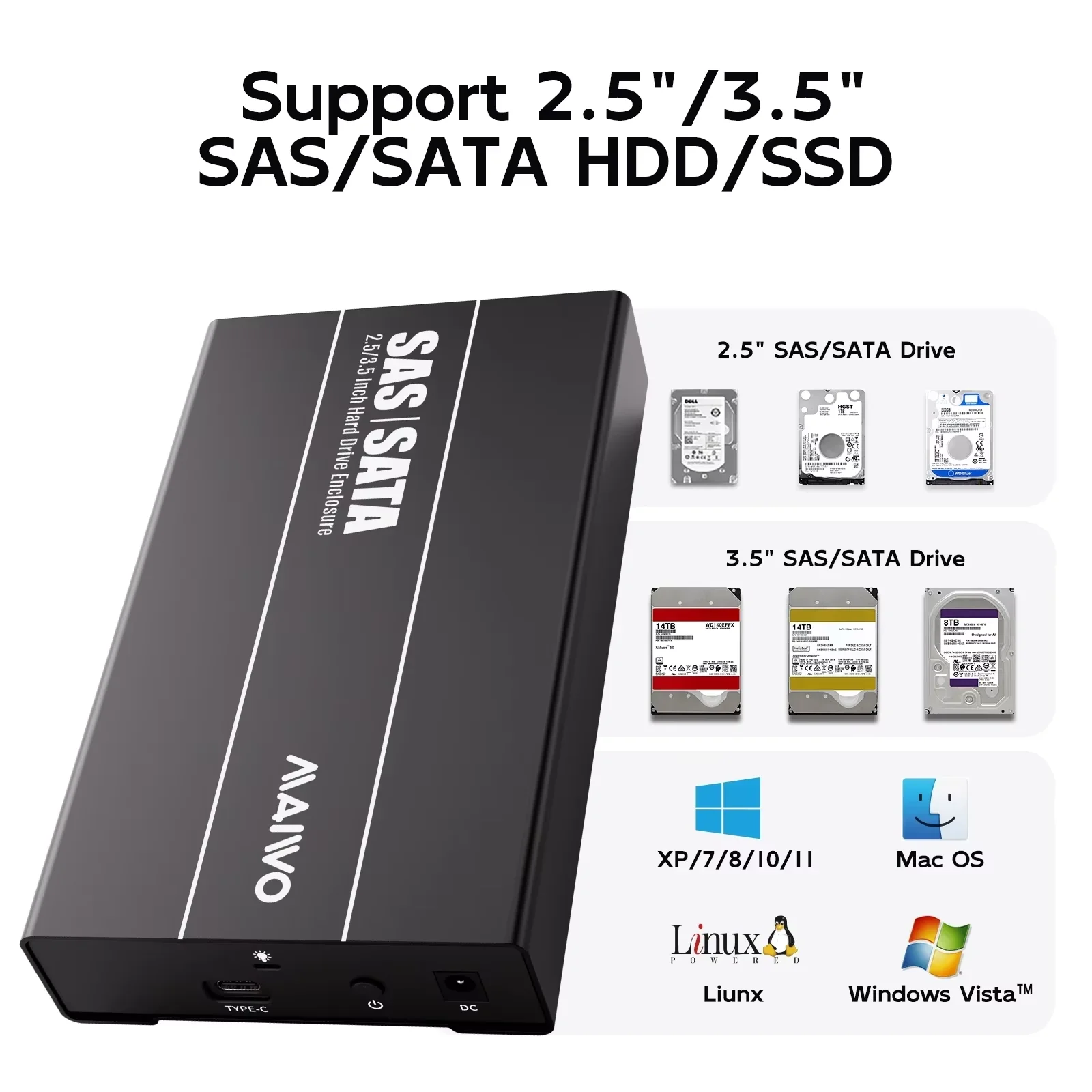 MAIWO 2.5/3.5인치 SAS/SATA 하드 드라이브 외장 케이스, 2.5인치 3.5인치 SATA/SAS 디스크 HDD SSD용 6Gbps/12Gbps S…