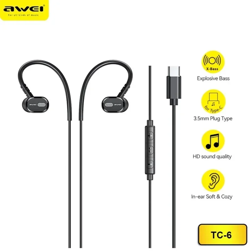 

Awei TC-6 Wired Headphones In-ear Earphone Type-C Headset For Phone Stereo USB C Plug Bass Sport Earbuds With Microphone