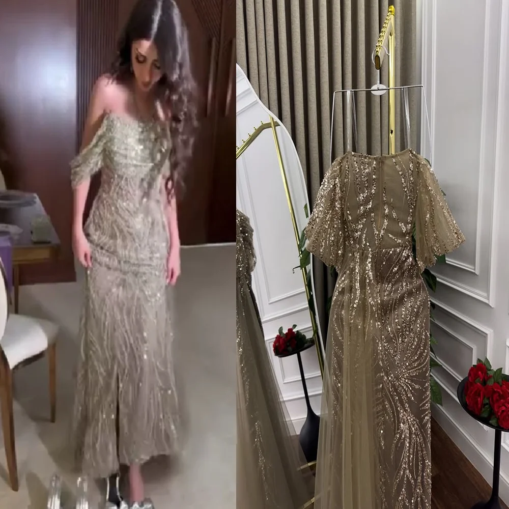 

Customized Bling Boat Collar Sequins Sheath Long Backless Evening Dress Off Shoulder Pleated Arab Prom Gown Side Slit