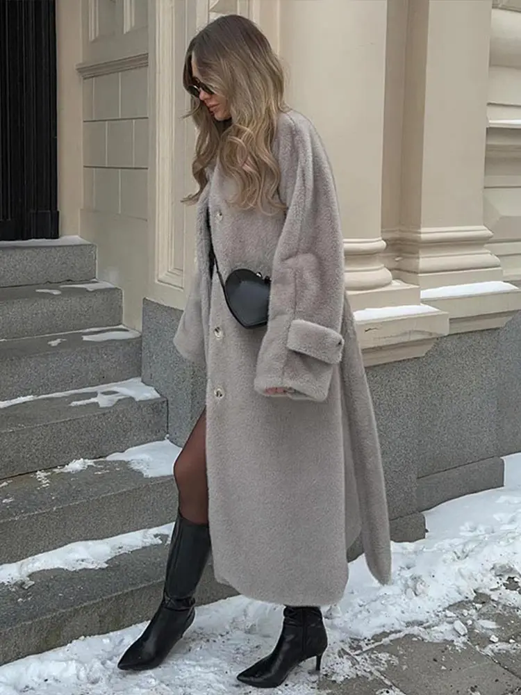 

Женские пальто из искусственного меха с завязками на поясе, элегантные однобортные плюшевые утепленные куртки с лацканами и длинными рукавами, женская зимняя женская уличная одежда