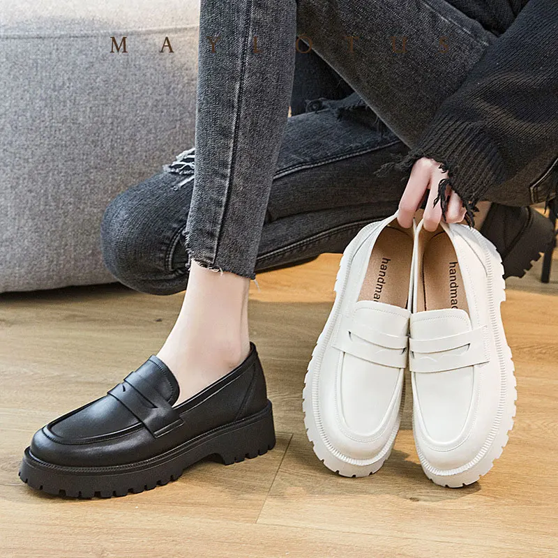 Size 34-48 Genuine Leather Women Shoes Sneakers New Thick Bottom Loafers School Women Shoes Horse Shoes Ladies