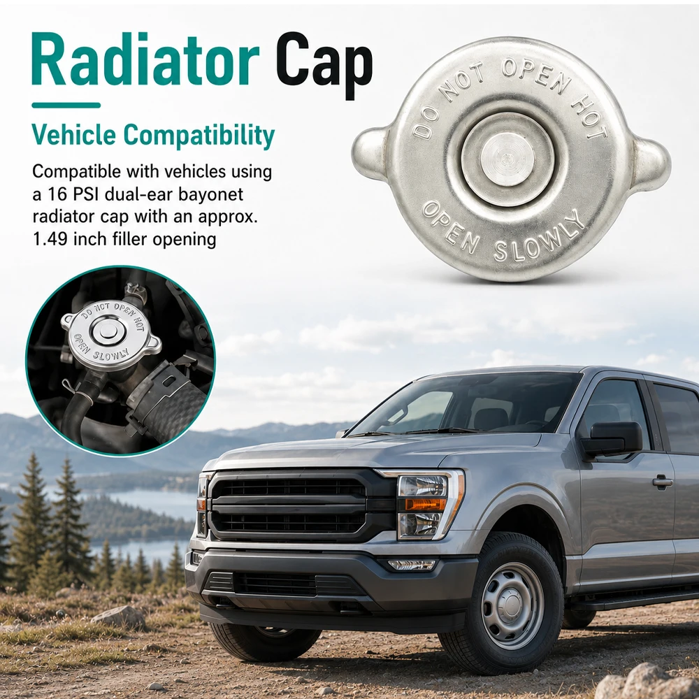 Dual-ear snap-on radiator pressure cover For vehicles using a 16 PSI dual-ear bayonet radiator cap with approx. 1.49 inch filler