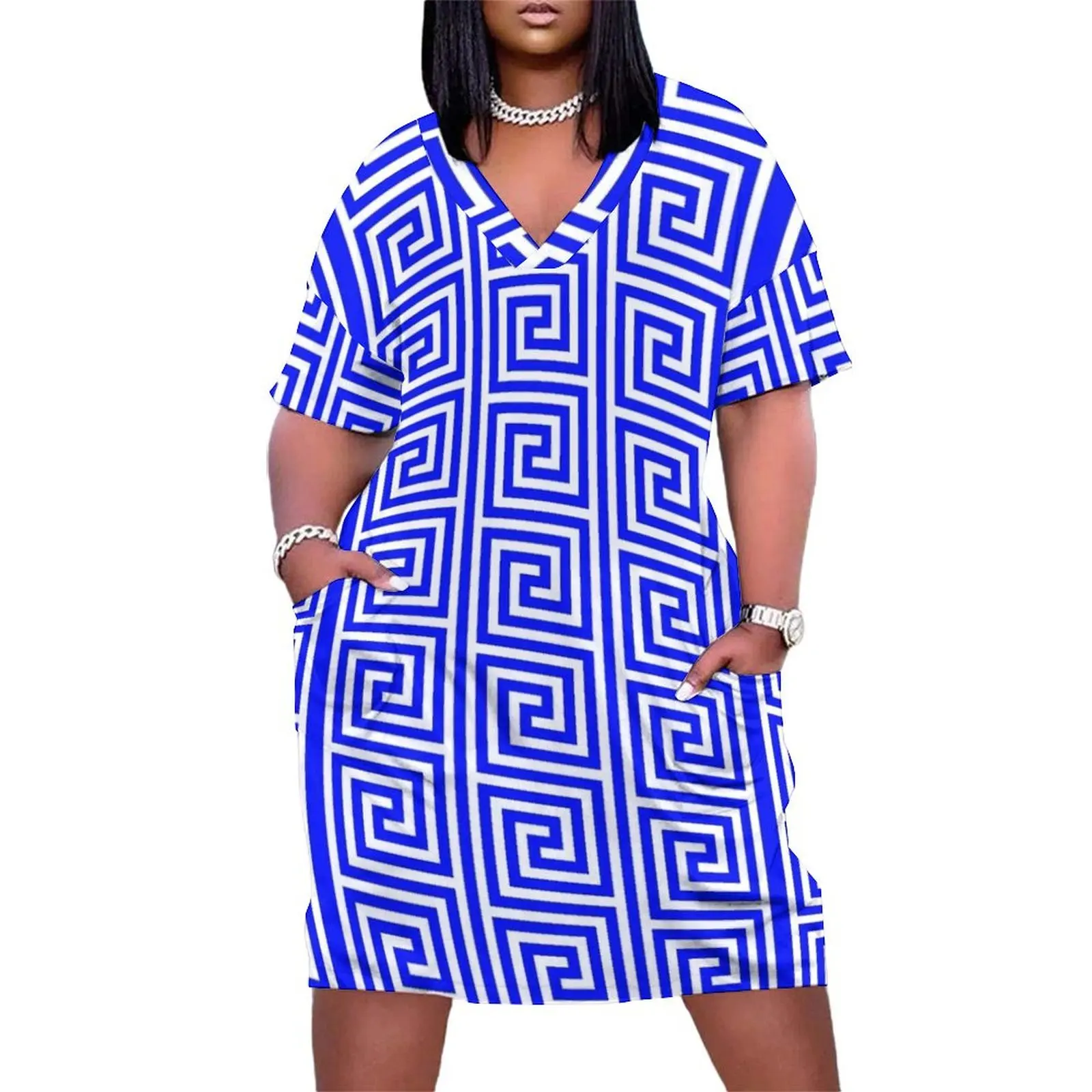 

Greek Key Pattern Loose Pocket Dress women's evening dress 2025 summer dresses womens 2025 summer dress fairy