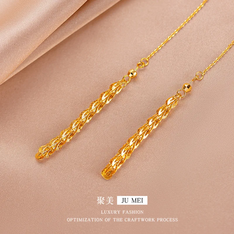 Luxury 24K 9999 Pure Gold real gold Vintage Phoenix Tail Tassel Ear Line Women's Earrings