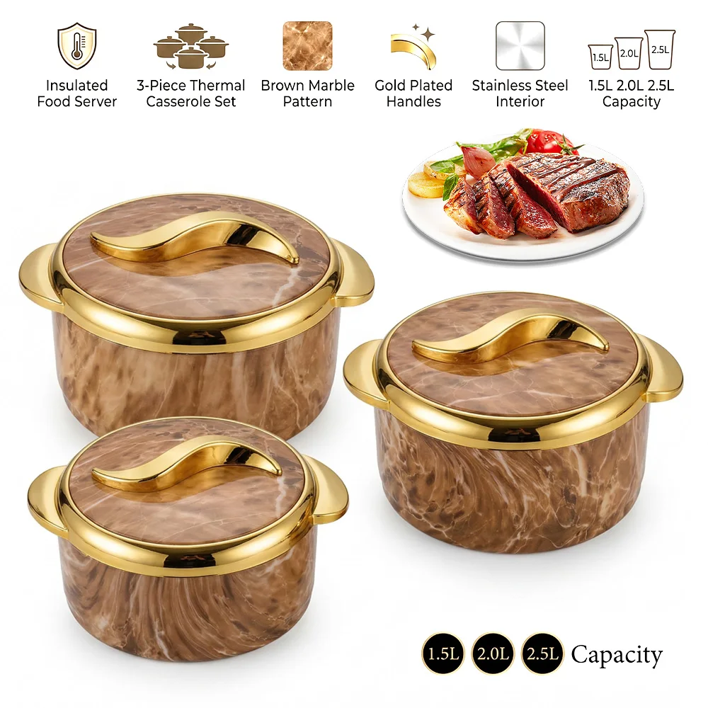 3Pcs Brown Marble Insulated Casserole Set Gold Plated Handles Double Wall Stainless Steel Thermal Food Container Keep Hot Cold 1.5L/2L/2.5L Food Warmer Bowl For Kitchen Daily Dinner Party Housewarming Gift For Hosts