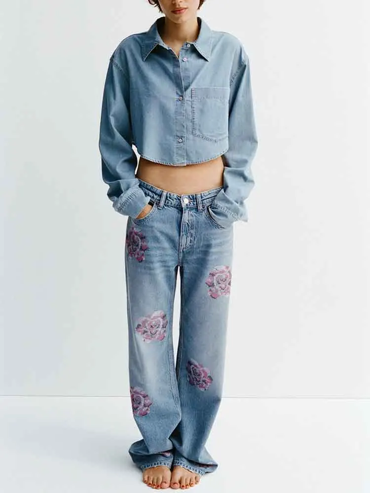 

European style women's new fashion versatile temperament rhinestones mid-waist loose casual jeans