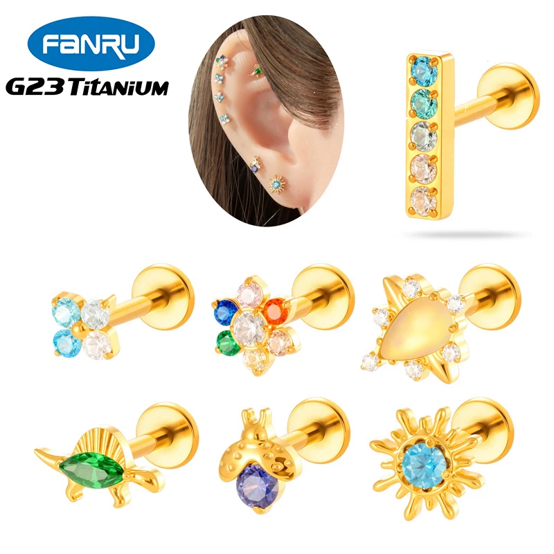 

1PC G23 Titanium Piercing Ear Studs Internal Thread Flatback Colored Zircon Flower Tragus Lip Stud Labret Piercing Jewelry 16G