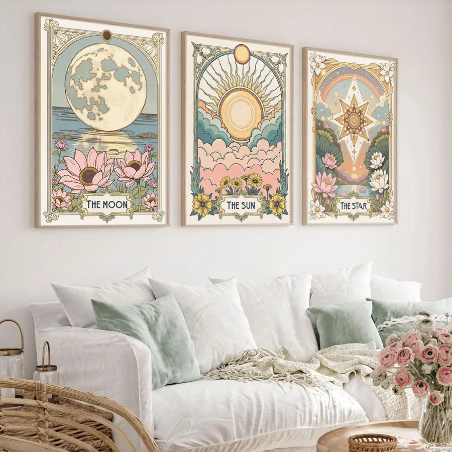 

3pcs/Set Sun Star Moon Retro Tarot Cards Artistic Prints Plant Retro Mural Decorations, Bohemian Floral Posters, Room Home Decor