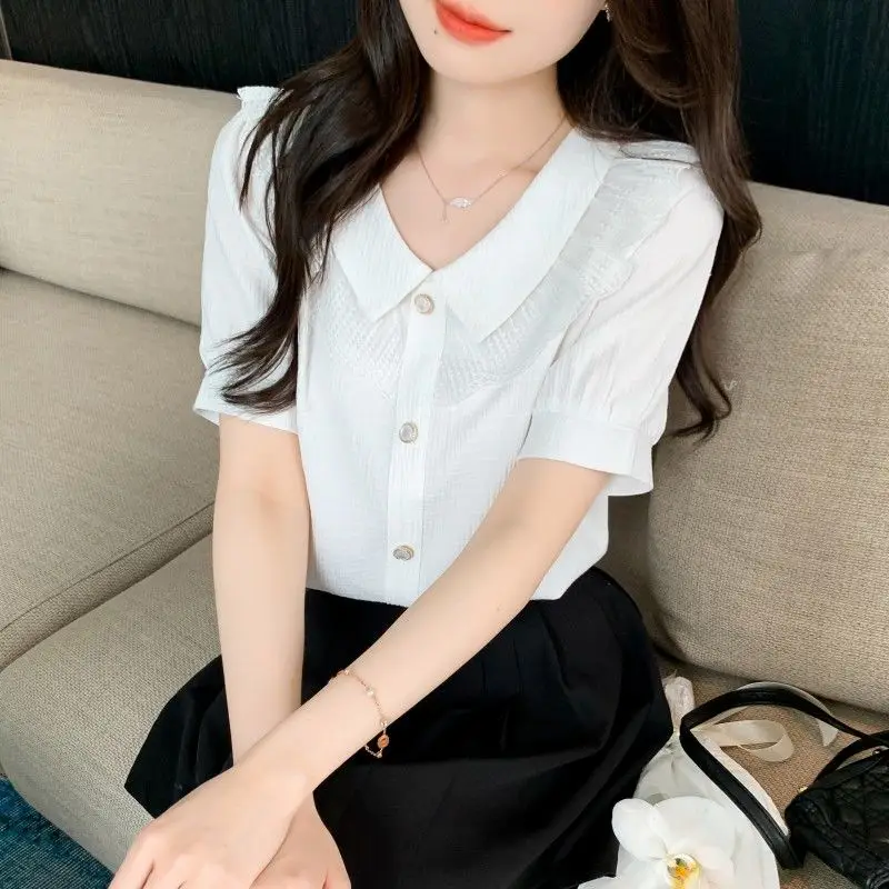 2024 New Summer Korean Style Retro Loose Casual Office Lady Women's Shirt Solid Button Chiffon Lapels Short Sleeve Y2K Chic Tops