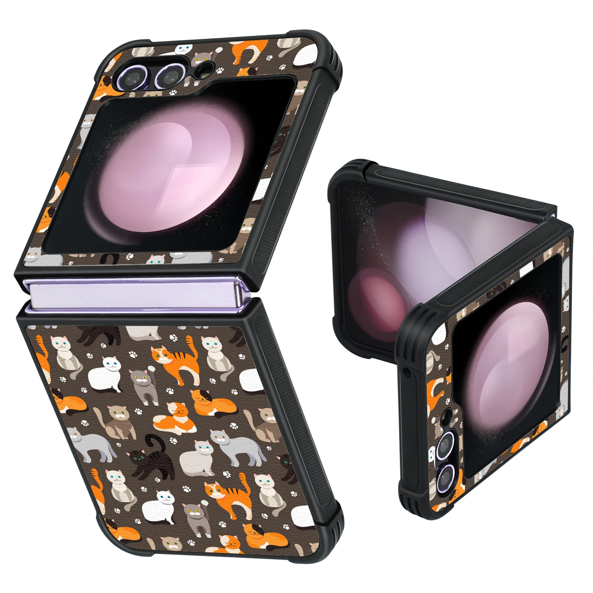 Patterned PU Leather + Soft TPU Bumper Shockproof Protective Case Cover Compatible With Galaxy Z Flip5 5G ,Adorbale Cat