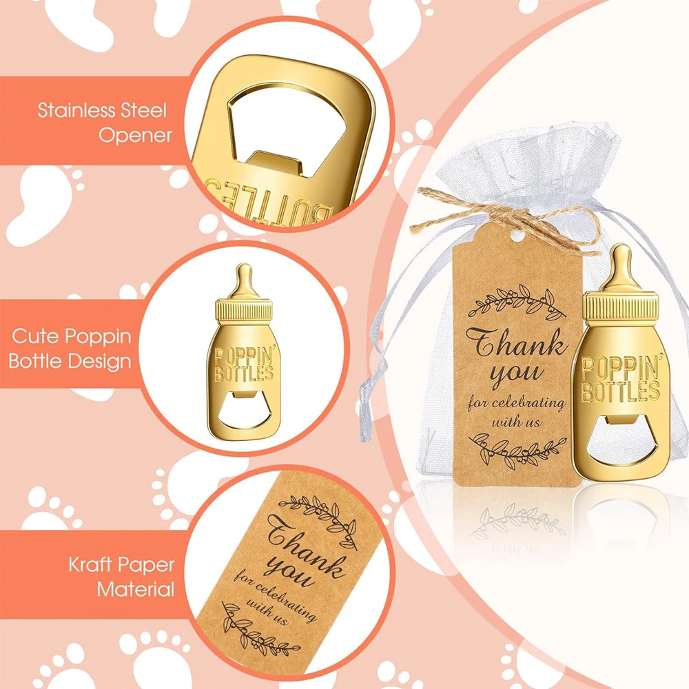 10 set baby shower gift set bottle shaped opener with hard gauze bag commemorative keychain, thank you label themed party gift