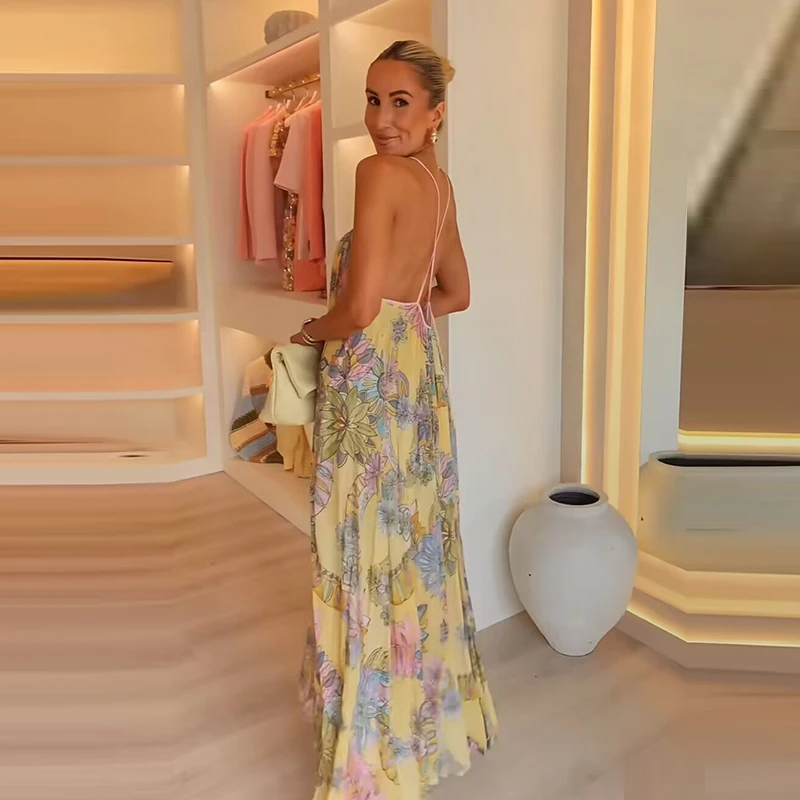ฤดูร้อนชุดสตรี 2025 ใหม่แฟชั่นพิมพ์หลวม V คอ Camisole Elegant ผู้หญิงฤดูร้อนชุดยาว Chic Youth Party Dress