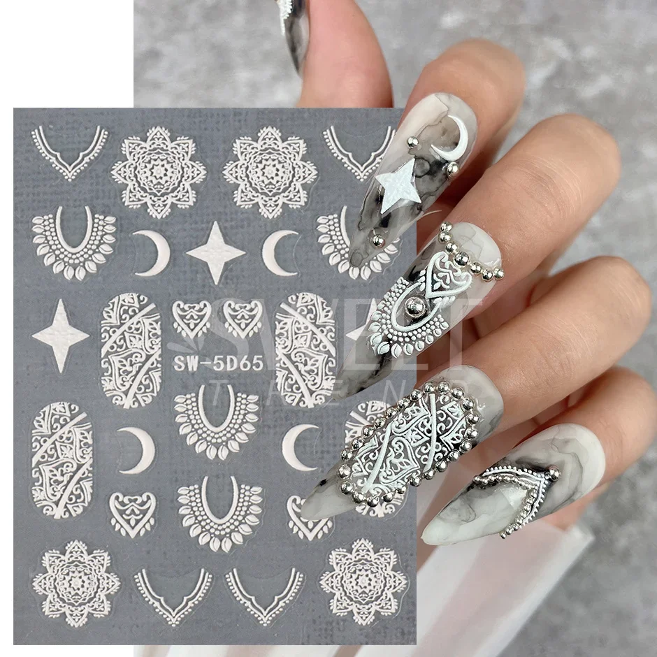 5D Embossed Filigree Stickers Nail Design Brown White Lace Necklace Adhesive Nail Decals Star Moon Carved Decor Sliders SASW-5D