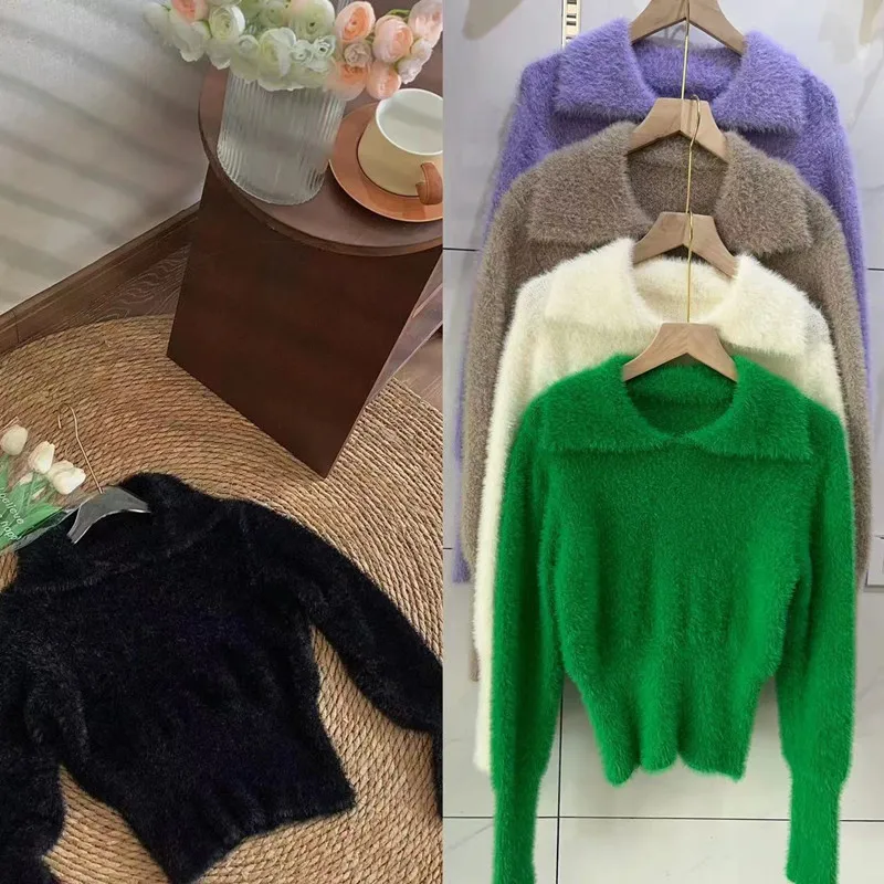 Coreano elegante cor sólida curto malha topo chique gola polo manga longa camisola de pelúcia casual fino ajuste pulôver doce malhas