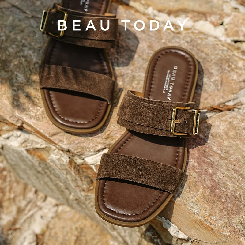

BEAUTODAY Casual Slippers Women Cow Suede Leather Metal Buckle Open Toe Retro Summer Beach Flat Ladies Shoes Handmade 36345