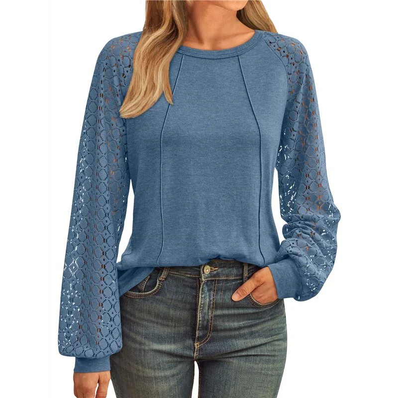 

A83F-Womens Long Sleeve Shirts Casual Tops Dressy Outfits Fall Fashion Blouses Lace Clothes Y2k Blue XL
