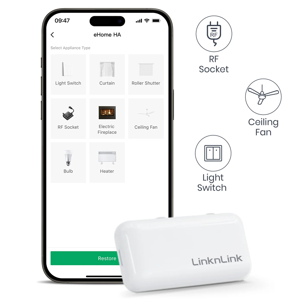 

LinknLink eHome HA Wi-Fi Smart RF Универсальный пульт дистанционного управления для выключателя света, потолочного вентилятора, рольставней, RF2MQTT Home Assistant
