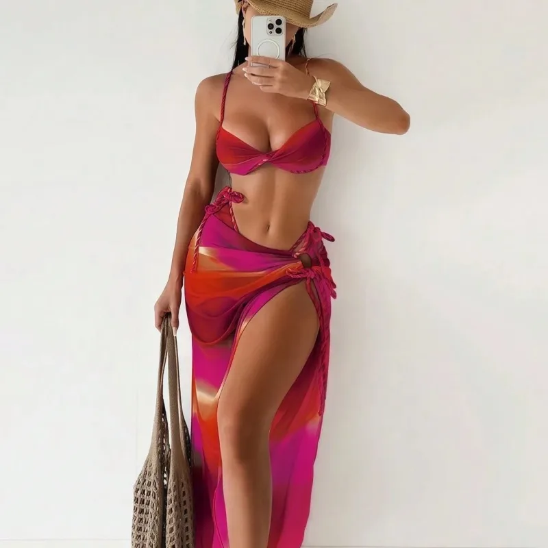 

Женский комплект из 3 предметов: купальник тай-дай с эффектом твист-фронт, бикини с высоким разрезом и парео-накидка для пляжа